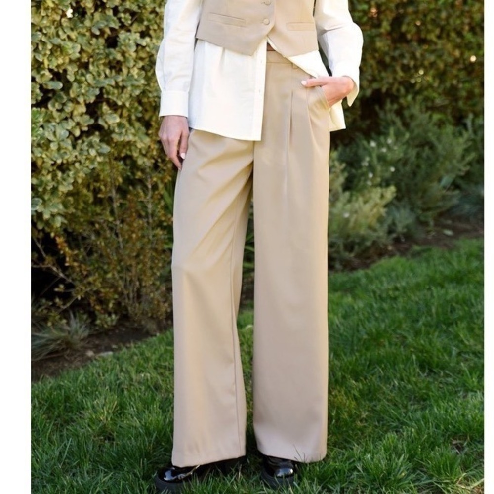 GREYLIN Anthropologie Stanley Pants Women L Beige Wide Leg Pleated Dress